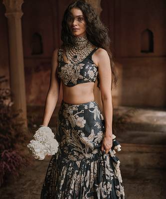 black Floral printed Crepe Lehenga 4