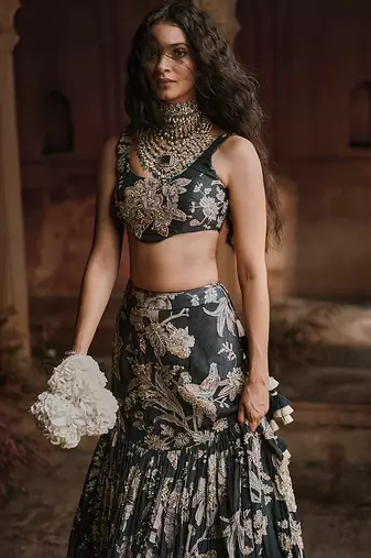 black Floral printed Crepe Lehenga
