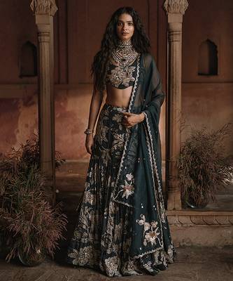 black Floral printed Crepe Lehenga 1