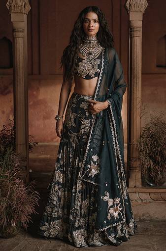 black Floral printed Crepe Lehenga