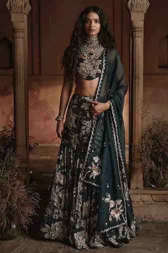 black Floral printed Crepe Lehenga