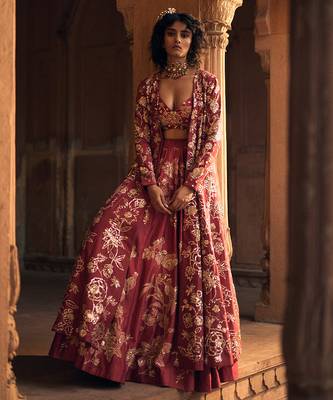 pink Floral printed silk Lehenga 1