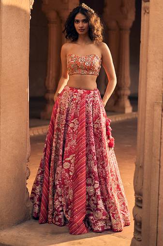 pink Floral embroidered silk Lehenga