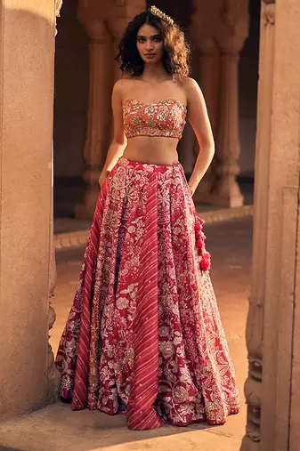 pink Floral embroidered silk Lehenga