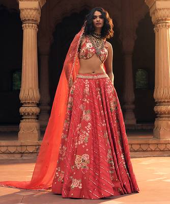 pink Floral printed silk Lehenga 1
