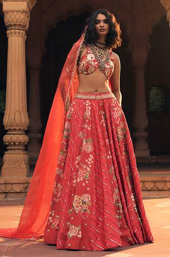 pink Floral printed silk Lehenga