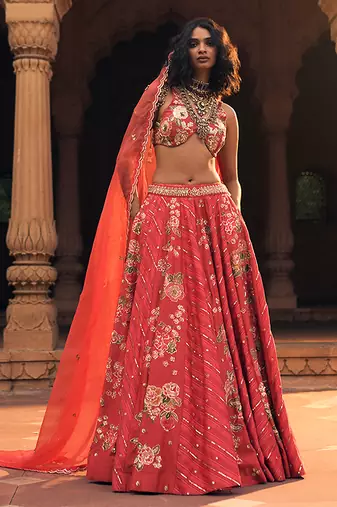 pink Floral printed silk Lehenga