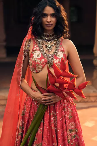 pink Floral printed silk Lehenga