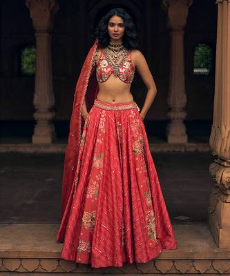 pink Floral printed silk Lehenga 4