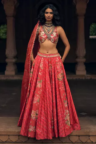 pink Floral printed silk Lehenga