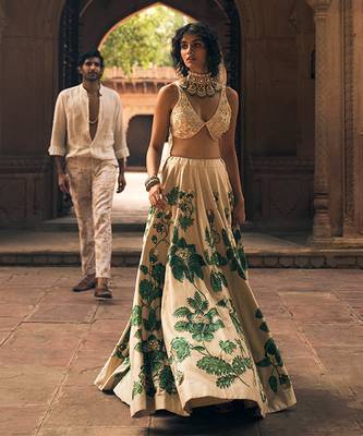 beige Floral printed silk Lehenga 2