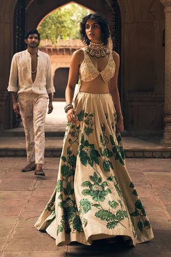 beige Floral printed silk Lehenga