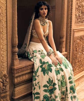 beige Floral printed silk Lehenga 3
