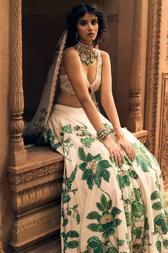 beige Floral printed silk Lehenga