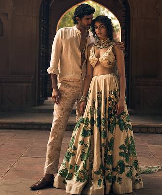 beige Floral printed silk Lehenga 4