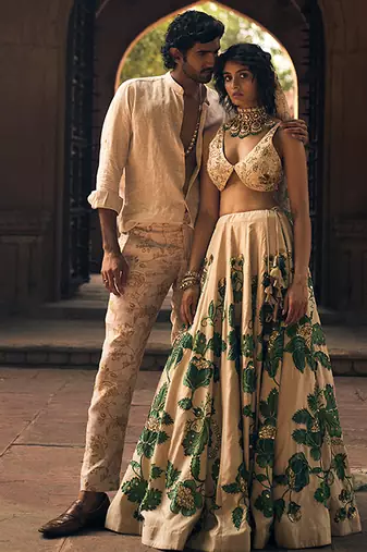 beige Floral printed silk Lehenga