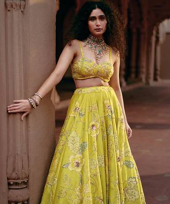 yellow Floral embroidered silk Lehenga 1