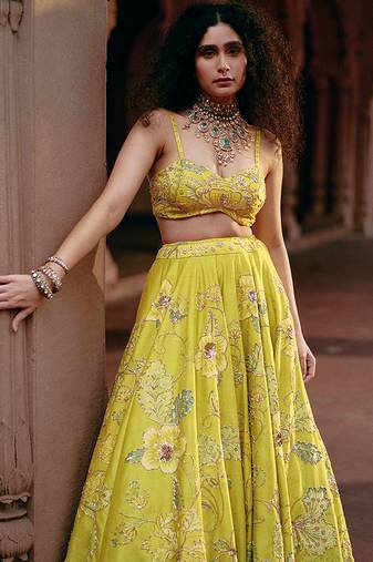 yellow Floral embroidered silk Lehenga
