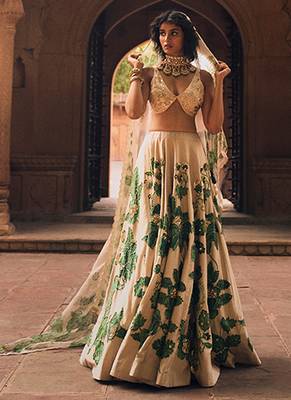 beige Floral printed silk Lehenga 1