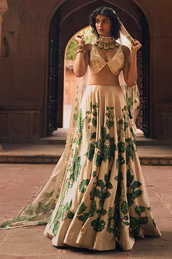 beige Floral printed silk Lehenga