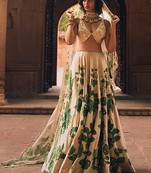 beige Floral printed silk Lehenga