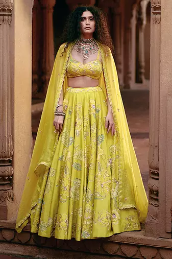 yellow Floral embroidered silk Lehenga