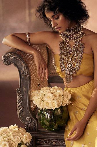 yellow Floral embroidered silk Lehenga