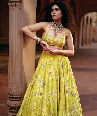 yellow Floral embroidered silk Lehenga 3