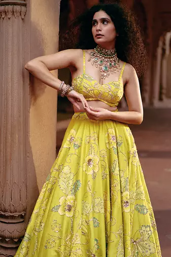yellow Floral embroidered silk Lehenga