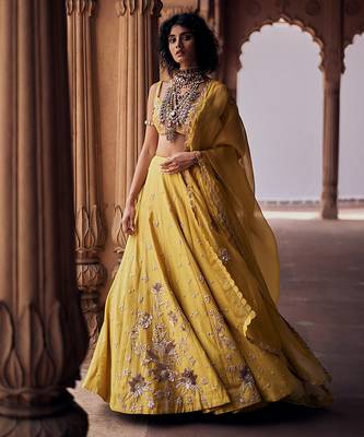 yellow Floral embroidered silk Lehenga 1