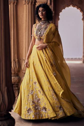yellow Floral embroidered silk Lehenga