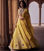 yellow Floral embroidered silk Lehenga