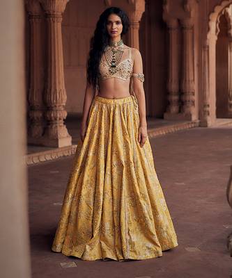 yellow Floral embroidered jacquard Lehenga 1