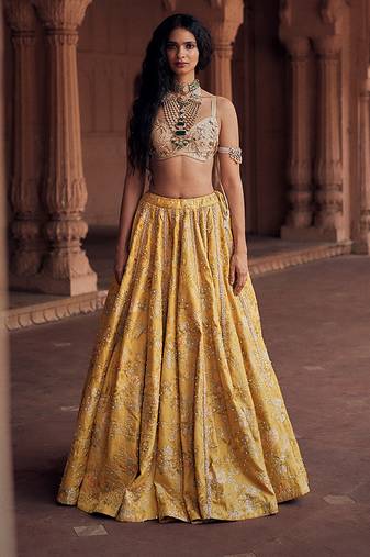 yellow Floral embroidered jacquard Lehenga
