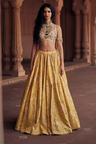 yellow Floral embroidered jacquard Lehenga