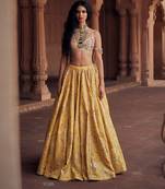 yellow Floral embroidered jacquard Lehenga