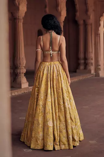 yellow Floral embroidered jacquard Lehenga