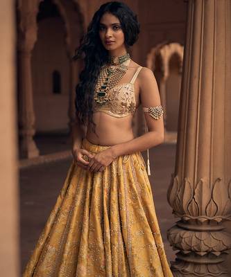 yellow Floral embroidered jacquard Lehenga 3