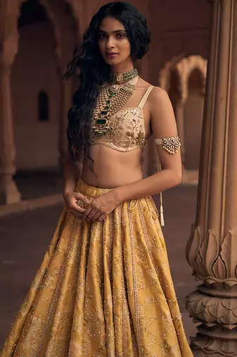 yellow Floral embroidered jacquard Lehenga
