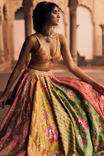 multicolor Floral embroidered silk Lehenga