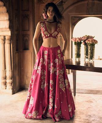 pink Floral printed silk Lehenga 1