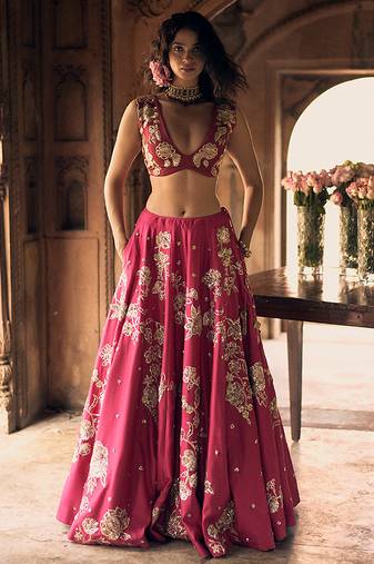 pink Floral printed silk Lehenga