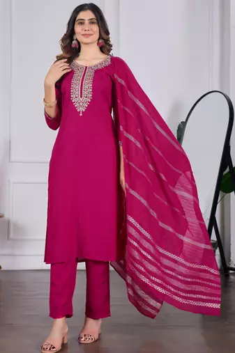 Women Beautiful Embroidery Rayon Slub Fabric with Straight Kurta, Pant and Dupatta Set