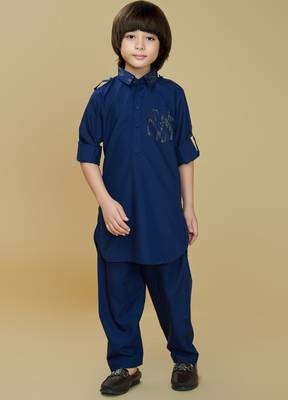 Inky blue cotton blend solid kurta and pant set 1