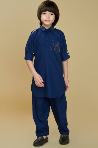 Inky blue cotton blend solid kurta and pant set