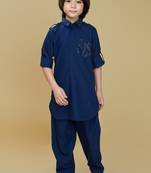 Inky blue cotton blend solid kurta and pant set