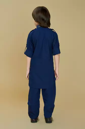 Inky blue cotton blend solid kurta and pant set