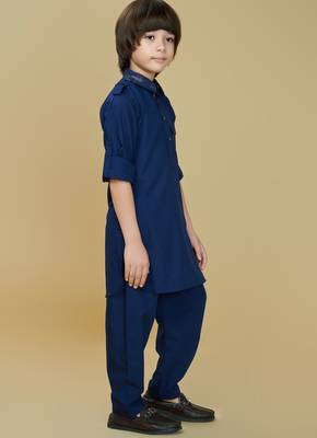 Inky blue cotton blend solid kurta and pant set 3