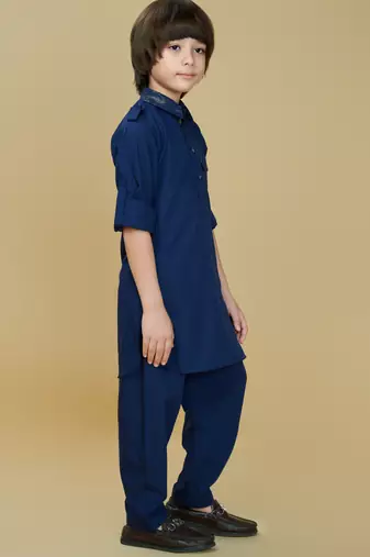 Inky blue cotton blend solid kurta and pant set