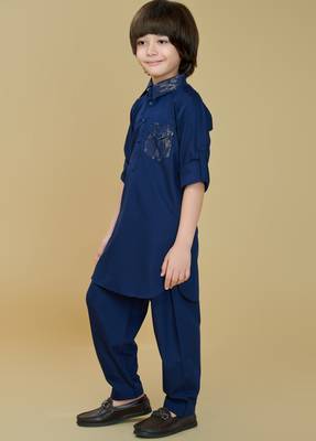 Inky blue cotton blend solid kurta and pant set 4